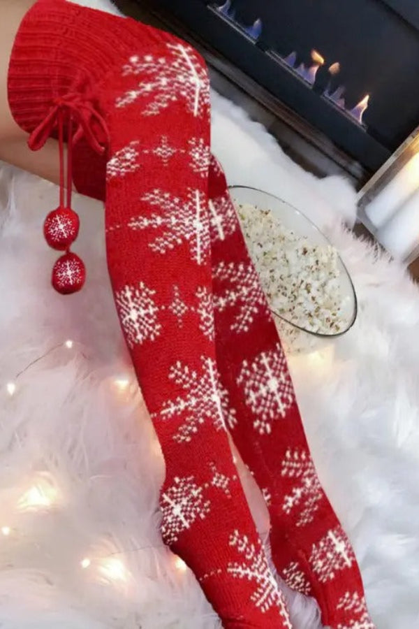 Christmas Snowflake Pom Pom Knee Length Socks