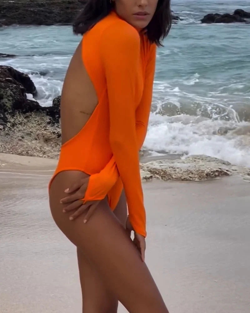 Women's Solid Color Backless Long Sleeve One-piece Swimsuit
