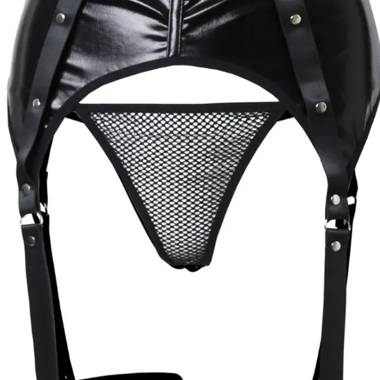 Contrast Fishnet PU Leather Garter Lingerie Set