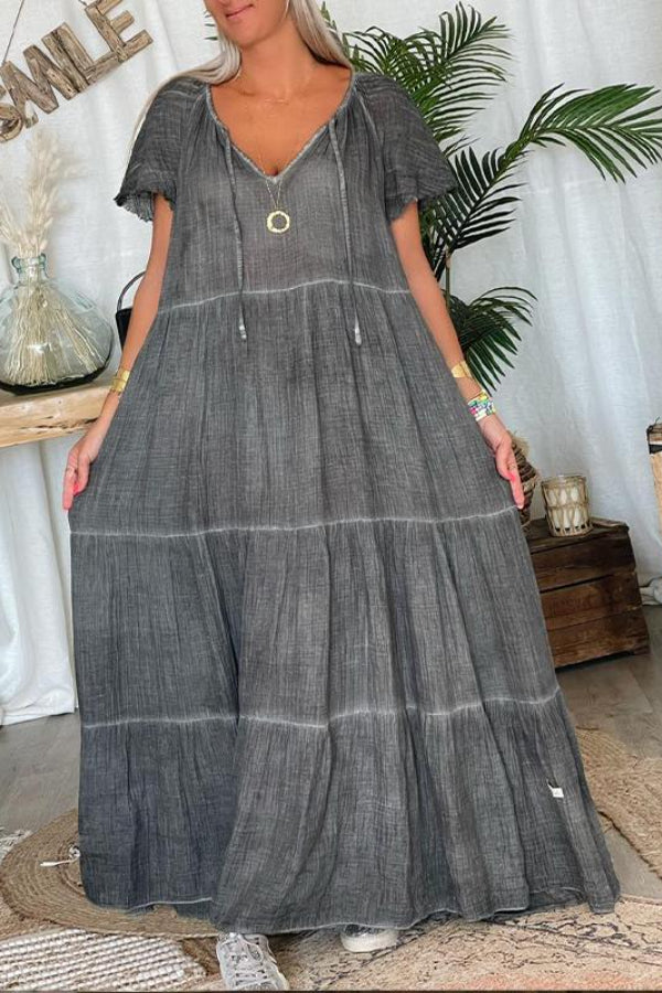 Cotton and Linen Patchwork Loose Maxi Dress