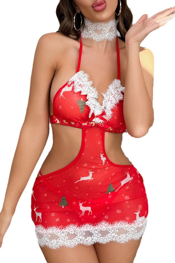Christmas Sexy One-piece Underwear Set With Lace