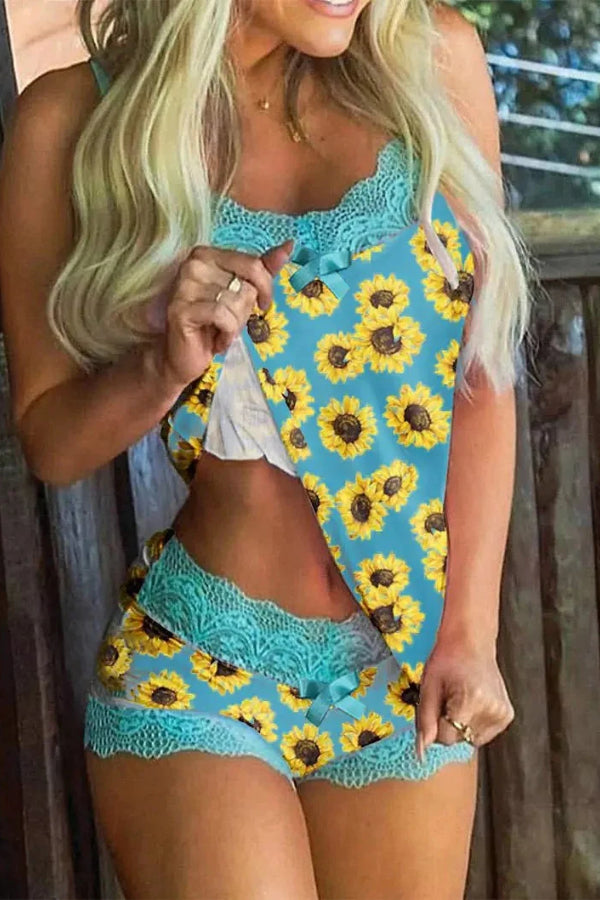 Sunflower Lace Trim Camisole And Shorts Pajamas Set