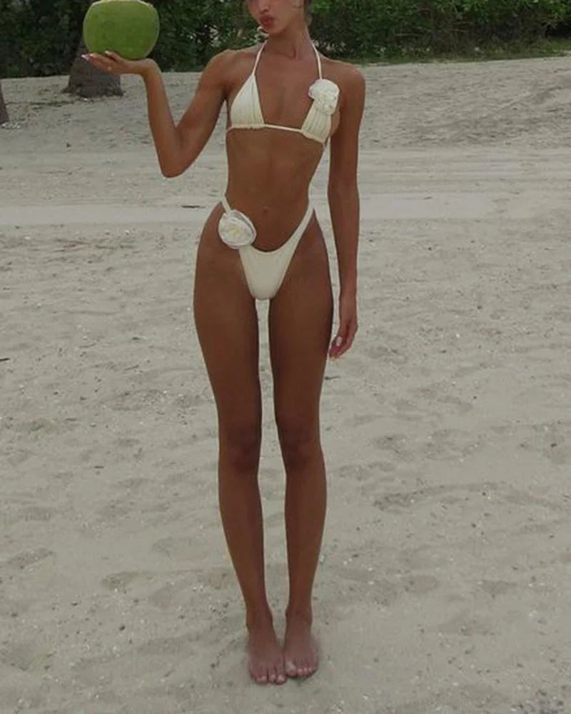 Women's three-dimensional flower string bikini suit