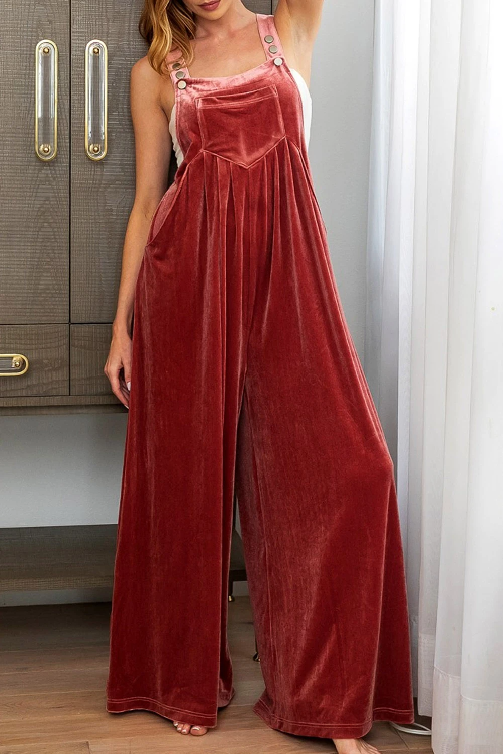 Ruby Solid Color Velvet Pleated Wide Leg Overall