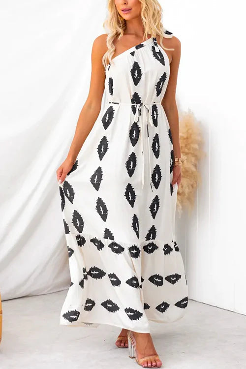 Bow Knot One Shoulder Printed Ruffle Maxi Dress