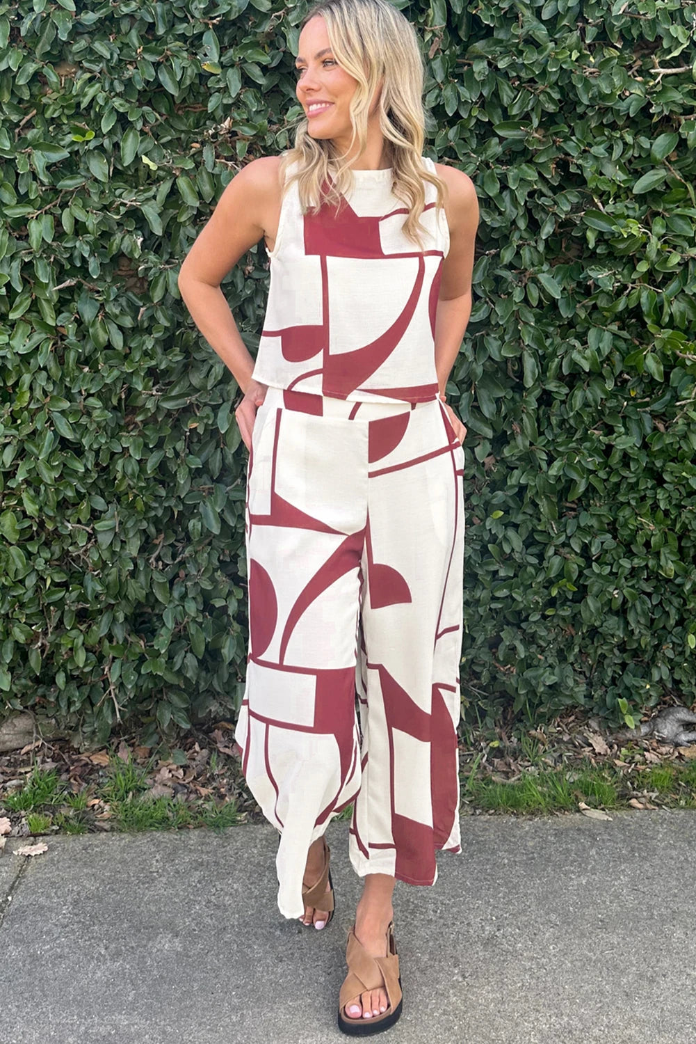 White Abstract Print Button Back Vest and Wide Leg Pants Set