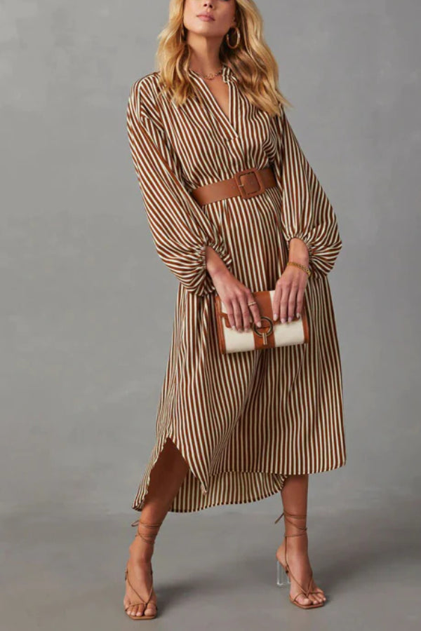 ETHEREAL SWEETIE STRIPED BELTED MIDI DRESS