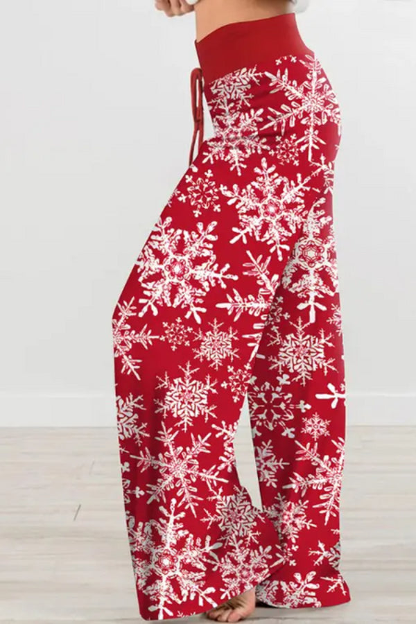 Christmas Drawstring Printed Wide Leg Pants