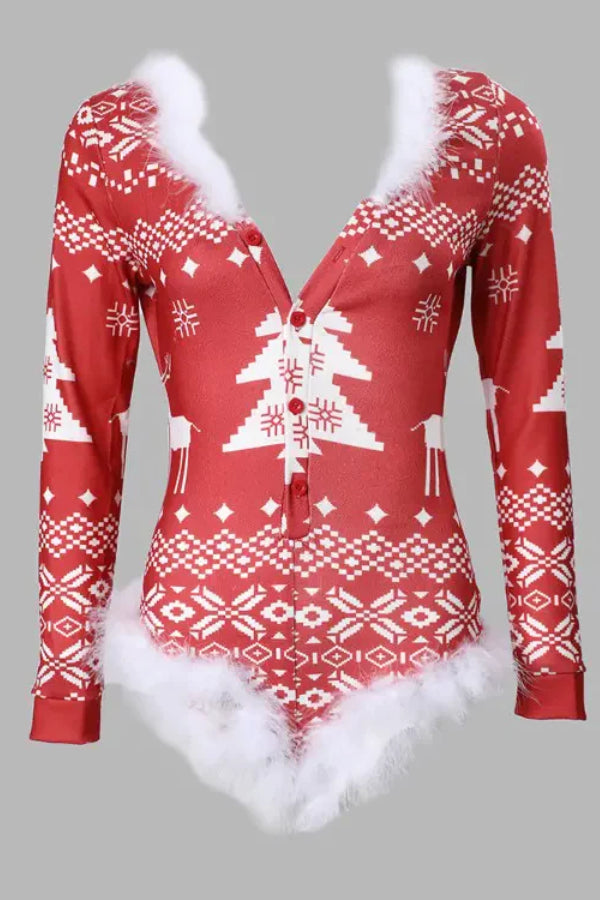 Christmas Print Feather Detail Long Sleeve Romper