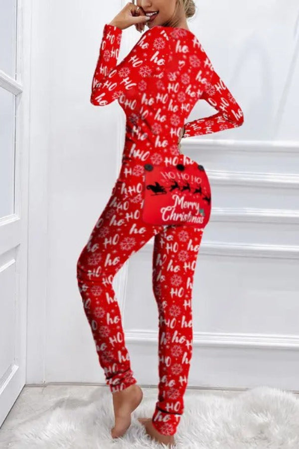 Christmas Letter Print Functional Buttoned Flap Adults Pajamas
