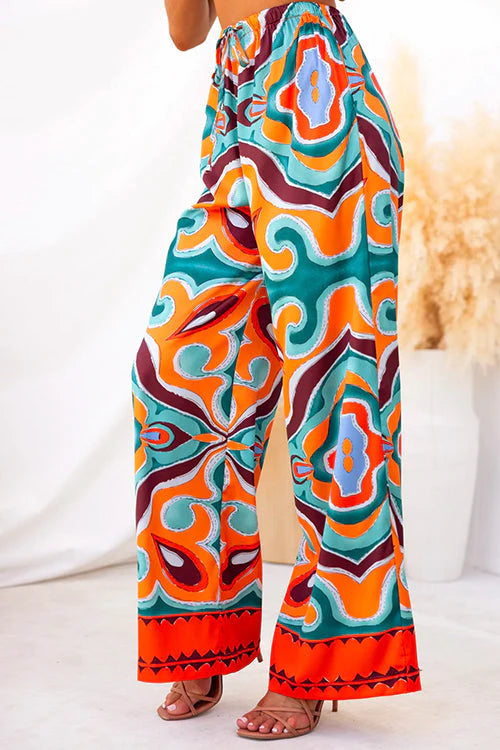 Oh So Chic Satin Ethnic Abstract Print Satin Elastic Waist Pocketed Wide Leg Pants
