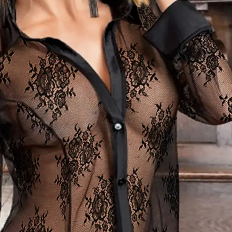 Sheer Mesh Button Front Lace Babydoll