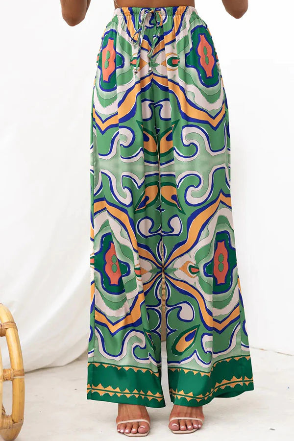 Oh So Chic Satin Ethnic Abstract Print Satin Elastic Waist Pocketed Wide Leg Pants