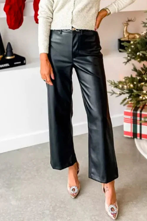 One Button Straight Leg Faux Leather Pants