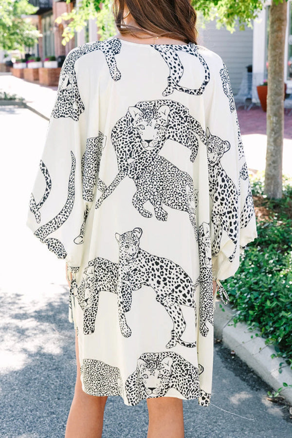 White Cheetah Print Loose Fit Open Front Kimono