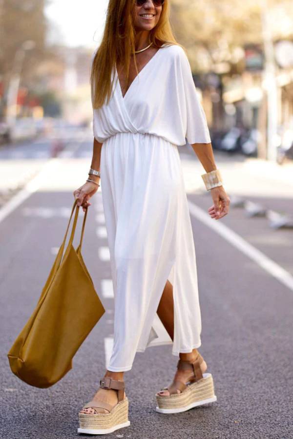 Thigh Slit Dress with Batwing Sleeves