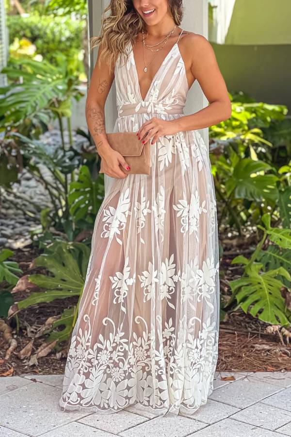 White and Beige Cross Back Floral Tulle Maxi Dress
