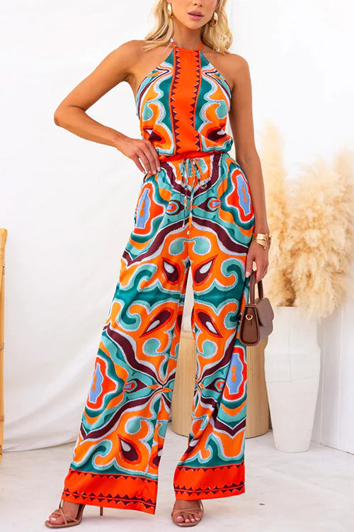 Oh So Chic Satin Ethnic Abstract Print Adjustable Tie Tank Top
