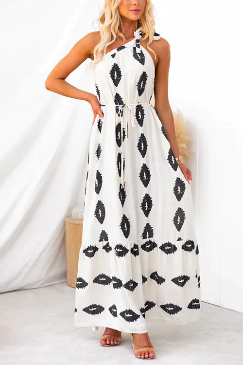 Bow Knot One Shoulder Printed Ruffle Maxi Dress